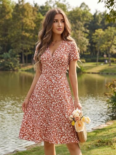 Image of MSBASIC Womens Summer Wrap V Neck Casual Dresses Floral Short Sleeve A-Line Midi Sundress
