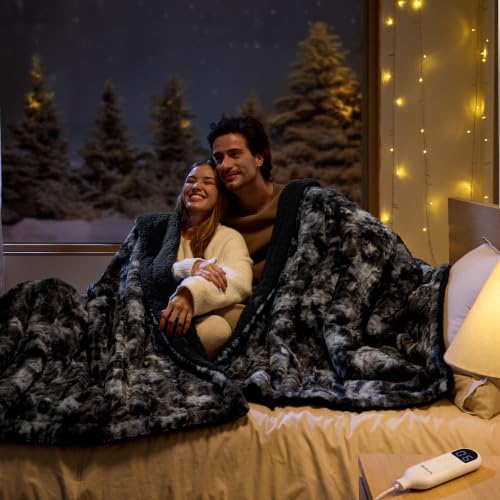 Image of Bedsure Faux Fur Tie-Dye Heated Blanket King Size with Dual Control, Black