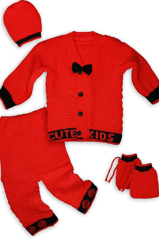 Image of Baby Unisex New Born Baby Boys Girls Soft Comfortable Trendy Woolen Round Neck Stripe Sweater Set with Payjami, Cap and Pair of Booties for Toddlers