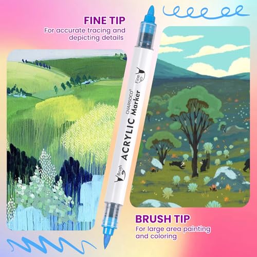 Image of Acrylic Paint Markers, 12 Colors Dual Tip Acrylic Paint Pens, Water-Based No-Bleed Markers with Automatic Ink Control System, Bullet & Brush Tip, Works on Paper, Wood, Ceramic, Rock