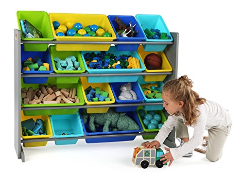 Humble Crew Extra-Large Toy Organizer, 16 Storage Bins, Grey/Blue/Green/Yellow,15.5"D X 42"W X 35"H #TOP7