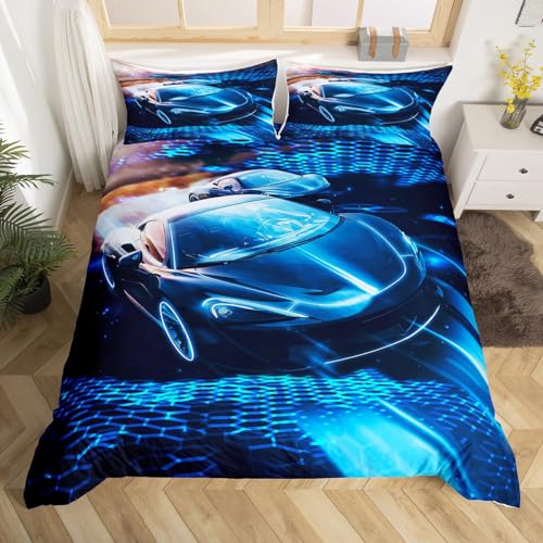 feelingyou Sports Car Comforter Covet Double,Blue Light Racing Car Duvet Cover with 2 Pillowcases,Extreme Sport Theme Polyester Bedding Set for Boys Teens Room