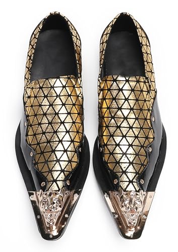 Santimon Mens Loafers Party Dress Slip On Disco Shoes -Wedding Casual Two Tone Leather Penny Loafers- Tuxedo Plaid Metal Tip Toe Shoes for Men Boys3