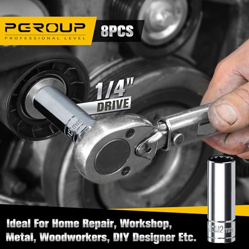 Image of 1 /4 Inch Drive Socket Set - 8 Piece Metric 12-Point Deep Socket Set (6mm, 7mm, 8mm, 9mm, 10mm, 11mm, 12mm, 13mm)- Chrome Vanadium Steel with Sturdy Holder - 50BV30