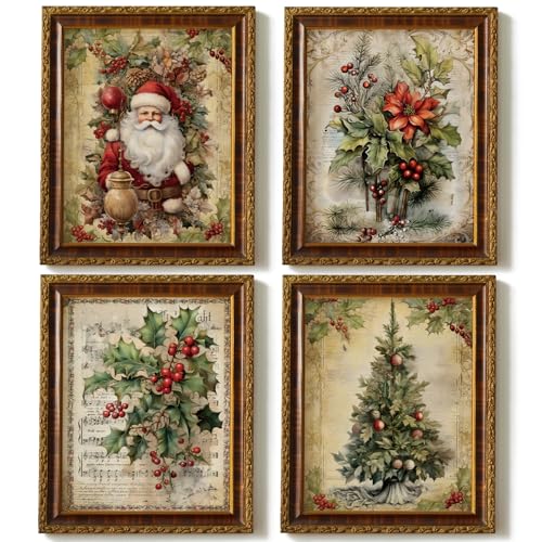 JXREQ Vintage Christmas Bathroom Wall Decor Prints,Retro Christmas Wall Art Decorations for Home Kitchen Bedroom Bathroom Living Room Office,Santa Claus Xmas Tree Decor Prints Set of 4,8x10 Unframed