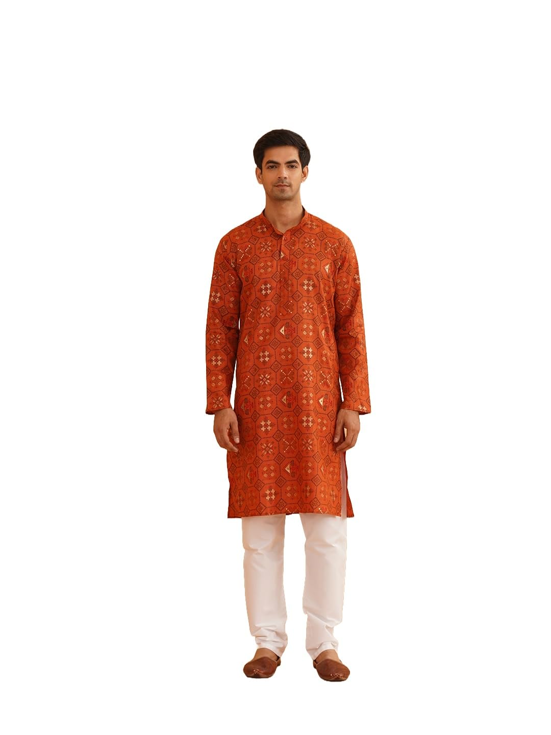 Sojanya (Since 1958 Men's Cotton Linen Orange & Multi Print Kurta & White Churidar Pyjama Set