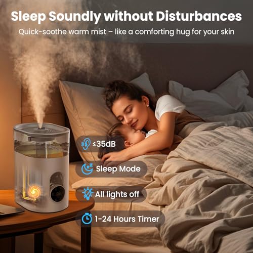 Image of Humidifiers for Bedroom Large Room Home - GloryAir 6L Quiet Top Fill Cool & Warm Mist Humidifier with Smart Humidity Control, Remote Control, 7-Color Light, Humidistat, Oil Diffuser