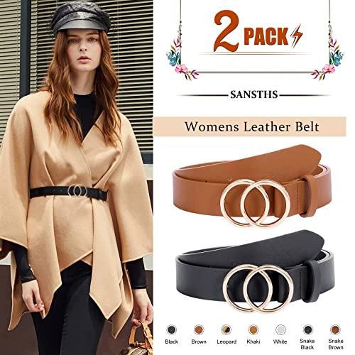 Sansths 2 Pack Women Leather Belts Faux Leather Jeans Belt With Double O-Ring Buckle (Black & Brown, S) #TOP1