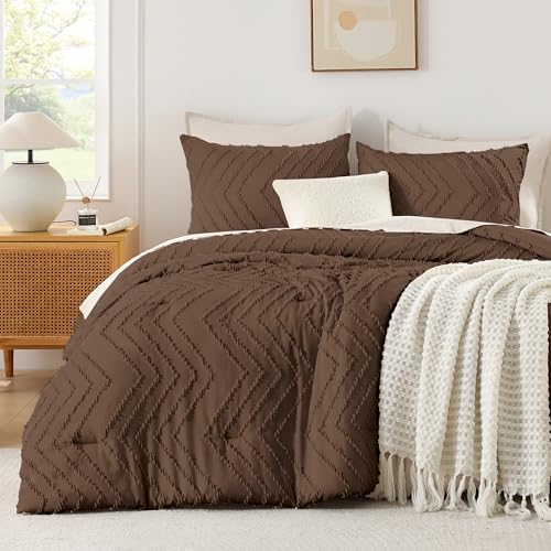 Image of Andency Brown Comforter Set Full Size, Boho Soft Warm Tufted Bedding Comforter Sets for Full Size Bed, 3 Pieces Aesthetic Chevron Farmhouse Cute Bohemian Textured Bed Set