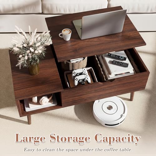 Image of OLIXIS Wood Lift Top Coffee Table with Hidden Compartment and Large Storage Shelf, Lift Tabletop Dining Center Table for Home Living Room Office, Dark Brown