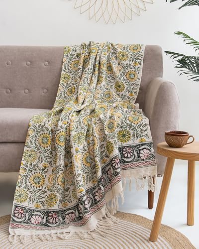 Image of Surajmukhi Flower Cotton Throw Blanket - Soft, Lightweight, Stylish Floral Pattern for Couch, Sofa, Bed - Perfect for Home Decor & Cozy Comfort 50X70 Inches (Set of 1)