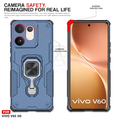 Image of AESTMO Armor Back Cover for Vivo V60 / V60E / T4 Pro 5G | Ring Holder & Kickstand & Camera Protection in-Built | 360 Degree Protection Back Case Cover (Blue)