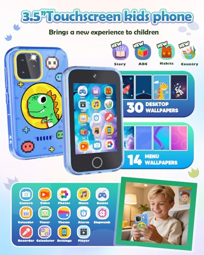 Image of Dylanto Kids Phone,3.5'' Touchscreen Phone for Kid Learning Play Dinosaur Toys for 3-9 Years Old Boys with Dual Camera,Video Players,Game,Christmas Birthday Gifts for Girls Boy Age 3 4 5 6 7 8 9 -Blue