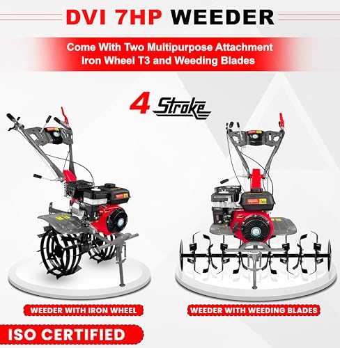 Image of DVI 7HP 4 Stroke Power Weeder with AIR Cooled Petrol Engine Suitable for Farm & Agriculture | Used for Weeding in All Types of Crops with High Carbon Metal Blades. (with Iron Wheel Type (3))