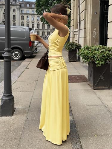 Image of Two Piece Skirt Set for Women - Sexy Sleeveless Spaghetti Strap Pleated Tank Top Maxi Long Skirts Sets