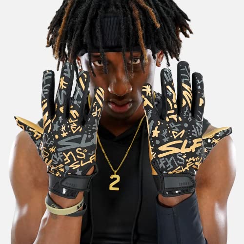 Slf Pattern Black Gold Sticky Football Receiver Gloves #TOP3