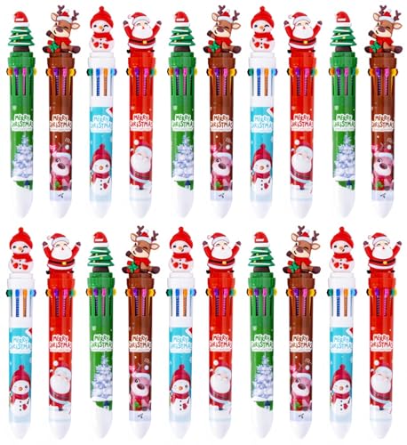 LATERN 20Pcs Christmas Ballpoint Pens 10-In-1 Multicolor Retractable Shuttle Pen 16CM Christmas Tree Snowman Santa Claus Rollerball Pens for Xmas Stocking Box Fillers Party Favors (4 Styles)