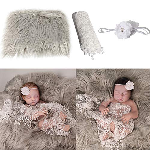 Image of 3Pcs Baby Photo Props,Baby Photography Set,Fluffy Blanket + Wrap + Headband Set Comfortable Photography Wrap Mat Backdrops Rug for Boys Girls DIY Photography Outfits (White)
