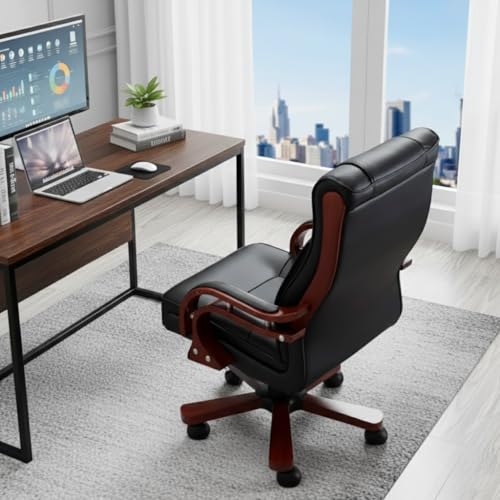 Image of Lakdi The Furniture High Back Director & Executive Chair for Office Made in Plyboard with Leatherette Upholstery & Mahogany Finished Armrests & Adjustable Features - 111011316 Black