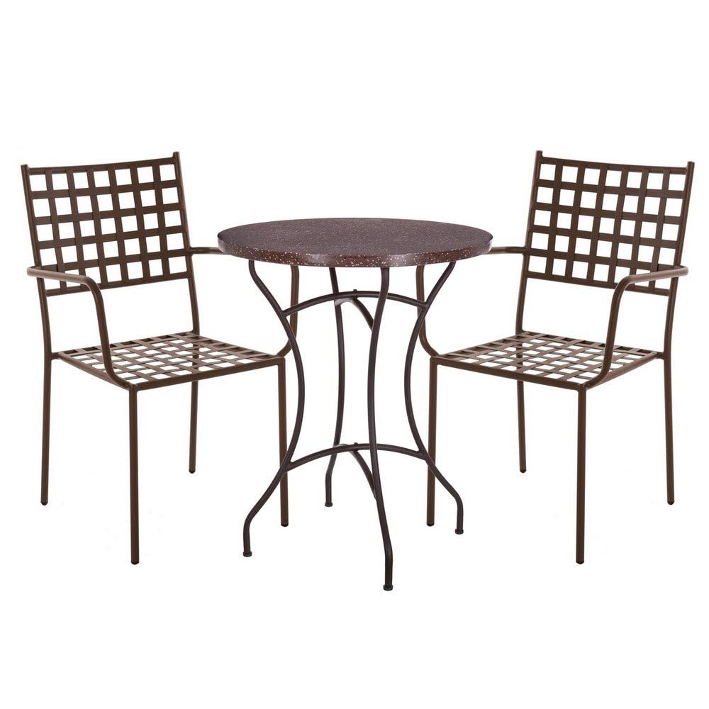 LOLAhome Mesa mármol y 2 sillas de jardín Cartago Marrón Oxido | Estilo Hierro Forjado | Mesa Ø60x72 cm | Sillas 56x61x90 cm Contract, Resistentes, Apilable y con Brazos | para Exterior | Cartago