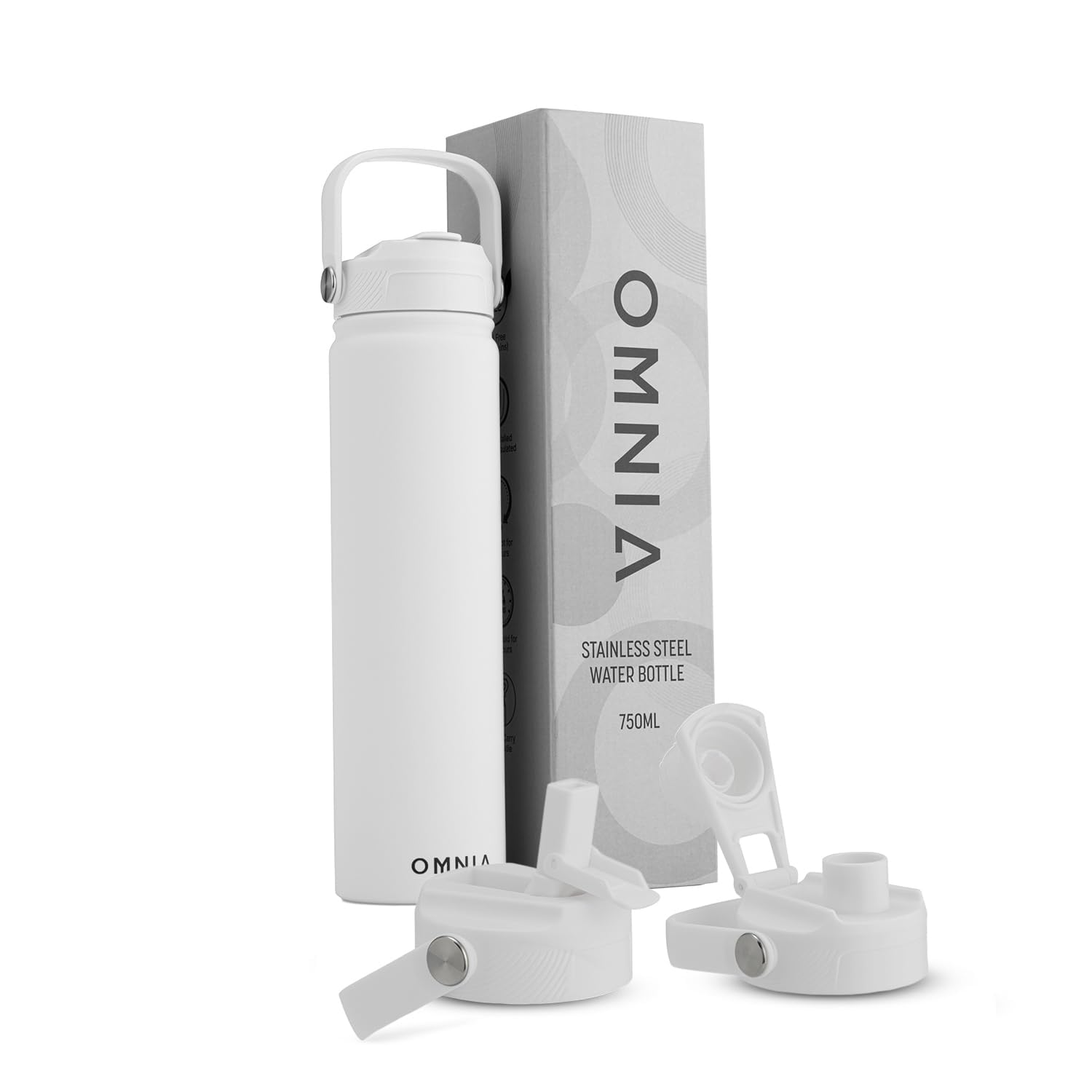 OMNIA NUTRIENTS Vacuum Insulated Stainless Steel Water Bottle, 2 Lids (Straw & Spout) Leakproof, BPA-Free, Reusable Flask Ideal for Travel and Outdoors (White - 750 ml)