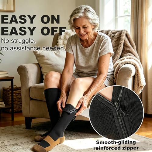Image of CASMON 2 Pairs Zipper Compression Socks for Women & Men,15-20 mmHg Closed Toe Knee High Support Sock for Varicose Vein Edema
