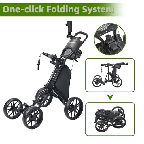 Image of Golf Push Cart 4-Wheels,Folding Golf Cart, Golf Pull cart with Cup Holder,Umbrella Holder,Cooler Bag, Foldable with one-Click,Handle Height Adjustable,Drink Holder,Walking Push cart