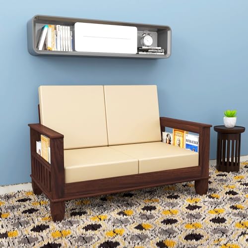 Image of Solid Sheesham Wooden 2 Seater Sofa Set for Living Room | Two Seater Sofa Set with Side Pocket Storage & Cushion | Rosewood Sofa Set for Home