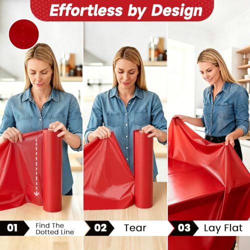 Image of Plastic Table Cloth Disposable, Tear Off 110 Ft X 54 In Plastic Table Cover Roll Premium Red Plastic Tablecloth Tear Off 12 Pcs 54 inchx110 inch, Table Cloth Roll for Party, Holiday, Themed Gathering, Buffet