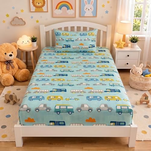 Image of HOMEKART 100% Cotton Kids Fitted Bedsheet with Pillow Cover, 220TC Soft Breathable Elastic Bedspread, Cute Animal Print, 72x36x8 Inch (Vehicle Theme Print Aqua)