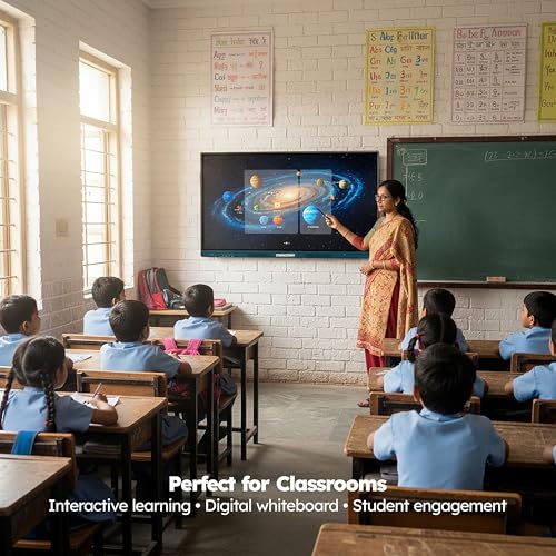 Image of Manomay 75 Inch Interactive Flat Panel, 4K UHD Multitouch Display, Android 14, OTT Streaming, 8GB RAM /128GB Storage, 20-Point Touch, K-12 Content, Smart Board for Office, School & Business | Built-In Speakers, Touchscreen, Wall Mountable