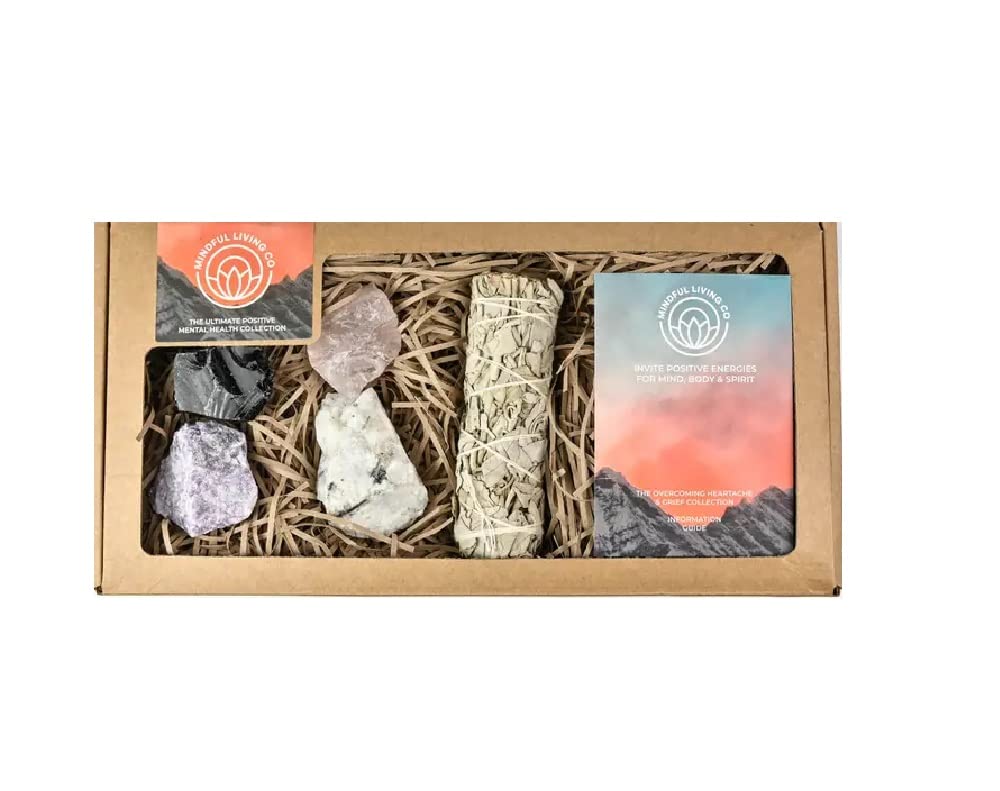 Gemstone Crystal Gift Box for Positive Mental Health, Black Obsidian, Lepidolite, Rose Quartz, Rainbow Moonstone, Sage Smudge Stick