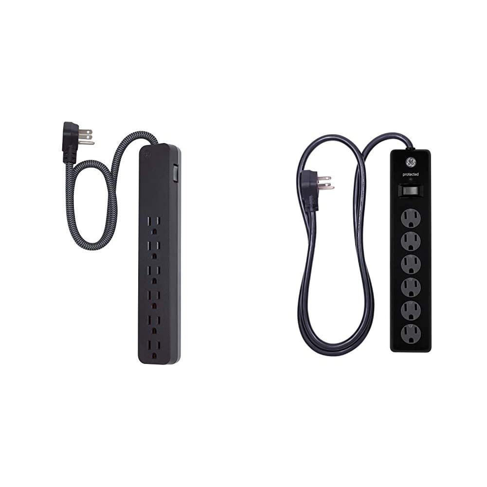 GE UltraPro 6 Outlet Surge Protector, 2 ft Designer Braided Extension Cord, Wall Mount, Black & 6 Ou