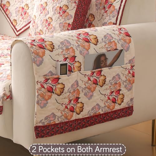 Image of HOKIPO 'Florentina Series' Premium Holland Velvet Sofa Arm Cover with Foam Filling & Anti Slip Backing | 2 Pcs | Autumn Cream (IN-876-V3*2S)
