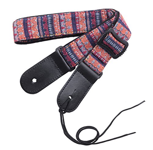 ZEALUX Bohemia style Ukulele Strap Comfortable Cotton & Leather Adjustable Uke Shoulder Strap Suit For All Ukulele & Little Gruitar (Bohemia Red)