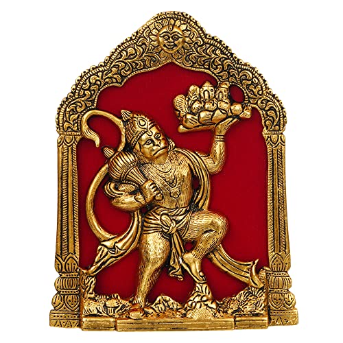 Image of JaipurCrafts Metal Lord Hanuman Idol Statue for Home and Office Decor | Hanuman Ji Bajrang Bali Ki Murti for Home and Office Temple (7 x 8.5 Inches, Gold) (hanuman Ji)