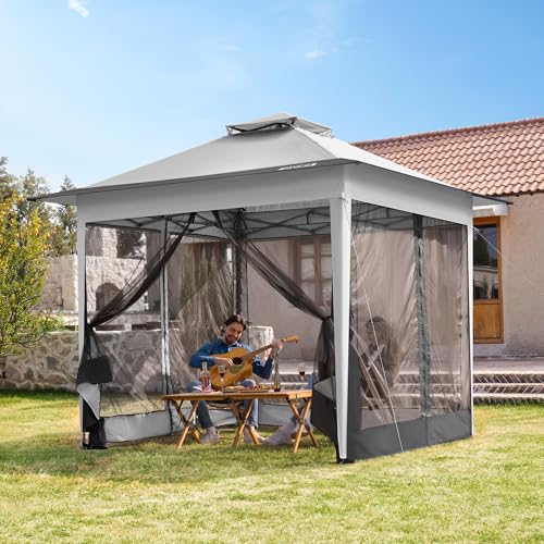 Image of VIVOHOME Pop Up Gazebo 10x10ft Outdoor Canopy Tent with Mosquito Netting & 2 Tiers Roof for Patio Garden Backyard, Grey
