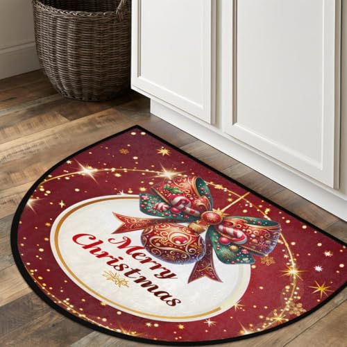 Image of cfpolar Christmas Red Bells Half Round Door Mat Outdoor Entrance Large 24 inchx36 inch Half Circle Welcome Entrance Way Mat Semi Circular Front Door Mat Area Rug for Garage, Patio, High Traffic Areas