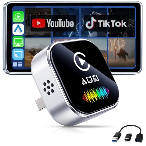 AQLUCG Wireless CarPlay Adapter for iPhone 2026 4-in-1 Dongle with AirPlay & Screen Mirroring Low Latency 5-Second Auto Connect for Wired Cars Includes USB A/CSilvery