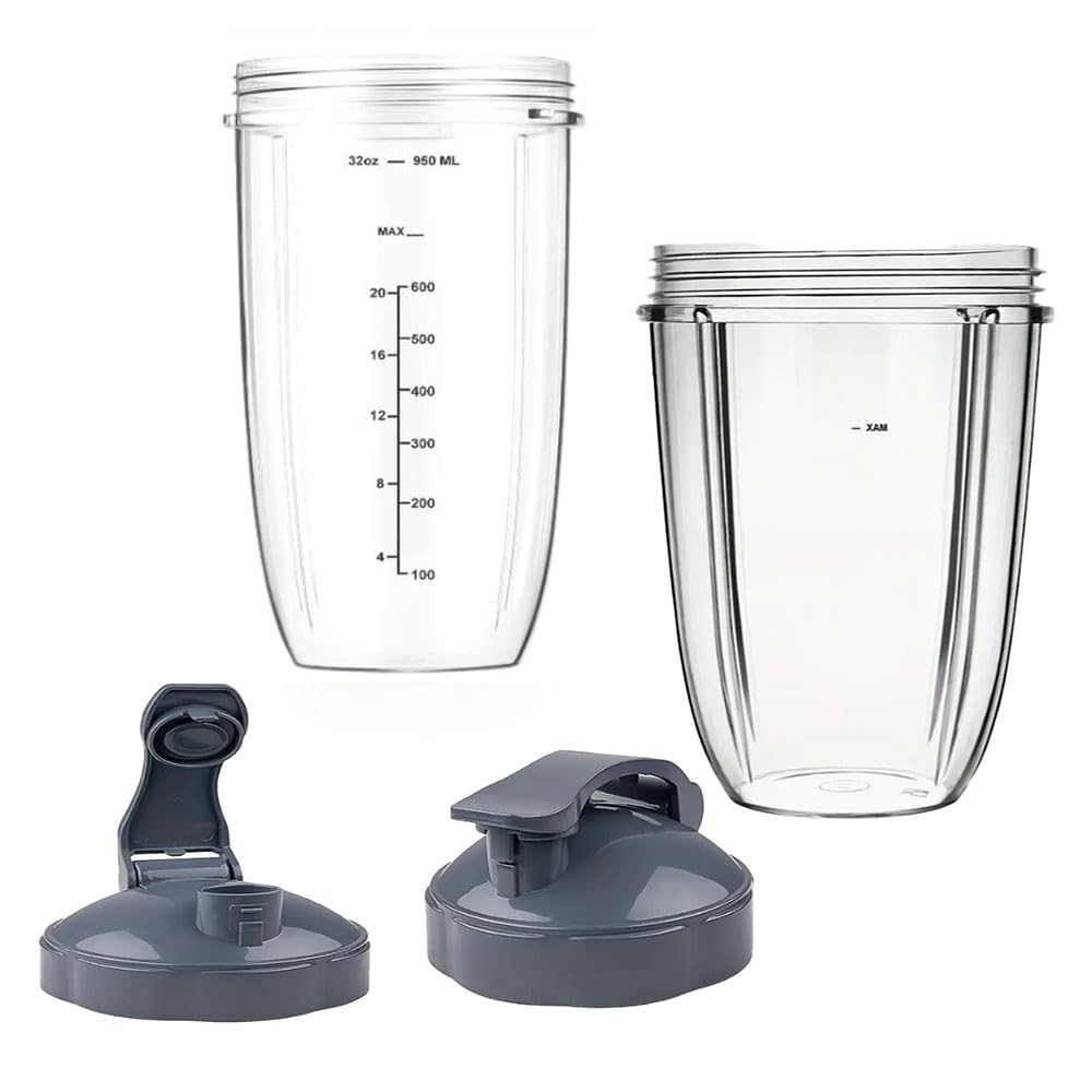 2-Pack Replacement Parts Upgrade 32oz& 24oz Cups with 2-Pack Flip-Top to-Go-Lid Compatible with NutriBullet 600w/900w Blender Accessory