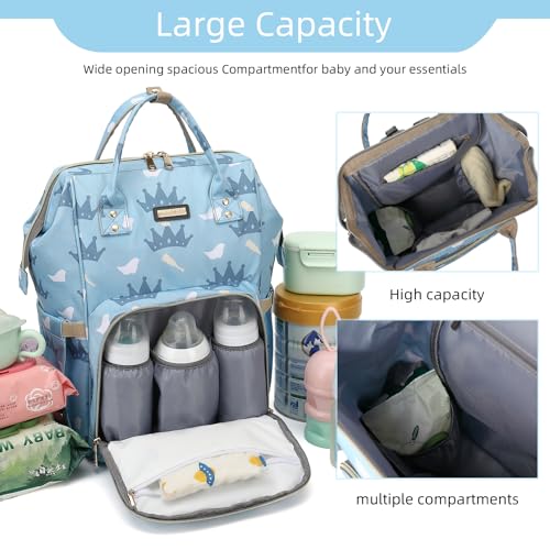 Image of Diaper Bag Backpack, Diaper Bags for Baby Girls Boys, Baby Bags for Moms Dads, Nappy Changing Bag with Insulated Pockets,Multi-functional Waterproof Backpack with Stroller straps-Light blue crown