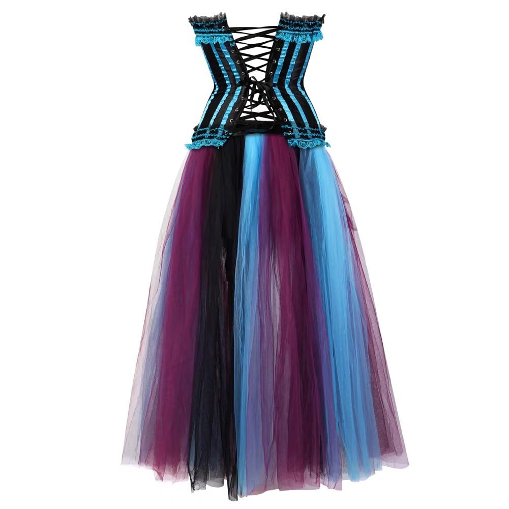 Corset Dress Long Skirts Overbust Women's lace High Low Halloween Stripe Bustier Vintage Lingerie: 3X-Large Blue