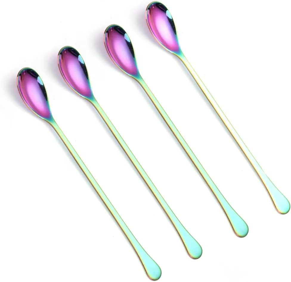Long Handle Spoons,8-inch Ice Tea Spoon, Coffee Stirrers,Ice Cream Spoon, AXIAOLU Premium 18/10 Stainless Steel Cocktail Stirring Spoons, Set of 4 Rainbow