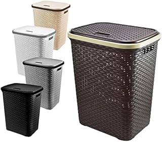 A406 Large Plastic Laundry Basket Clothes Hamper Linen Storage Lidded Bin Box Laundry Supplies Holder Tidy (Silver)