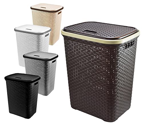A406 Large Plastic Rattan Laundry Basket Clothes Hamper Linen Storage Lidded Bin Box Laundry Supplies Holder Tidy (Brown)