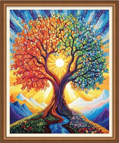 Image of Disnesart Cross Stitch Stamped Full Embroidery Kits DIY 11CT Cotton Thread Printed DIY Needlepoint Kits Craft Needlework Set Cross-Stitch Stamped Sets-Tree of Life Sun 16x20 inch