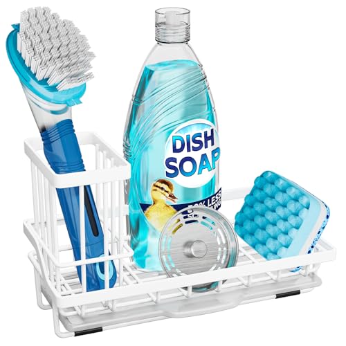 Consumest Sponge Holder for Kitchen Sink - Sink Caddy Organizer with Removable Drip Tray for Countertop Dish Soap Dispenser Brush Storage Kitchen Accessories 304 Stainless Steel, White