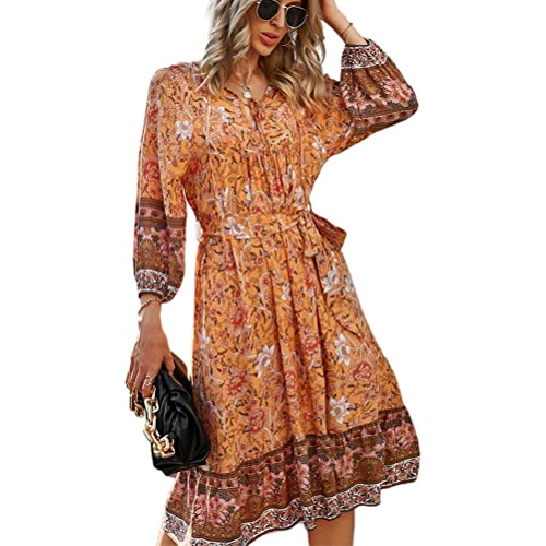 LJFDDY Damen Blumenkleid Herbst Elegant Kleid Mit Blume Muster Lang Sommerkleid Sexy V Ausschnitt Herbstkleid Kleider MaxiKleid Casual Langarmkleid (Color : D, Size : XL/X-Large) Cover