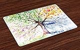 Ambesonne Tree Place Mats Set of 4, Watercolor Nature Colorful Blooming Branches 4 Seasons Themed Illustration Print, Washable Fabric Placemats for Dining Table, Standard Size, White Green