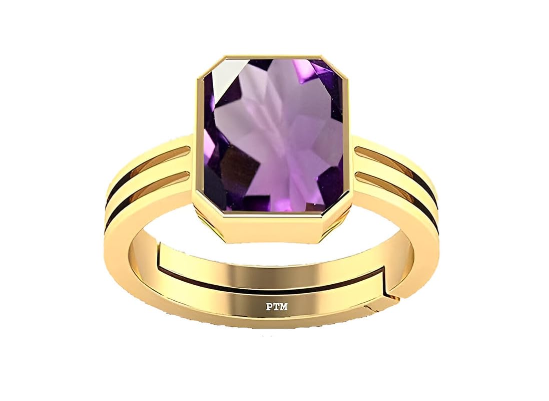 PTM Natural Amethyst/Kathela 3.25 to 10.25 Ratti or 3.00 to 9.50 Carat Astrological Certified Gemstone Panchdhatu/5 Metals Gold Plated Adjustable Ring for Men Women